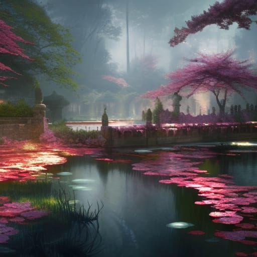 High Gothic Water Garden in Crimson Sakura Forest