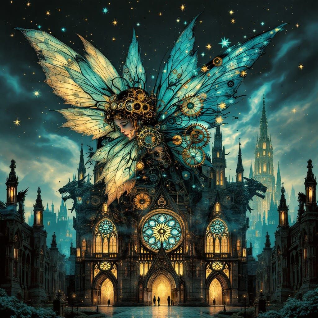 Steampunk Fairy Cathedral Double Exposure: Dark Fantasy Art