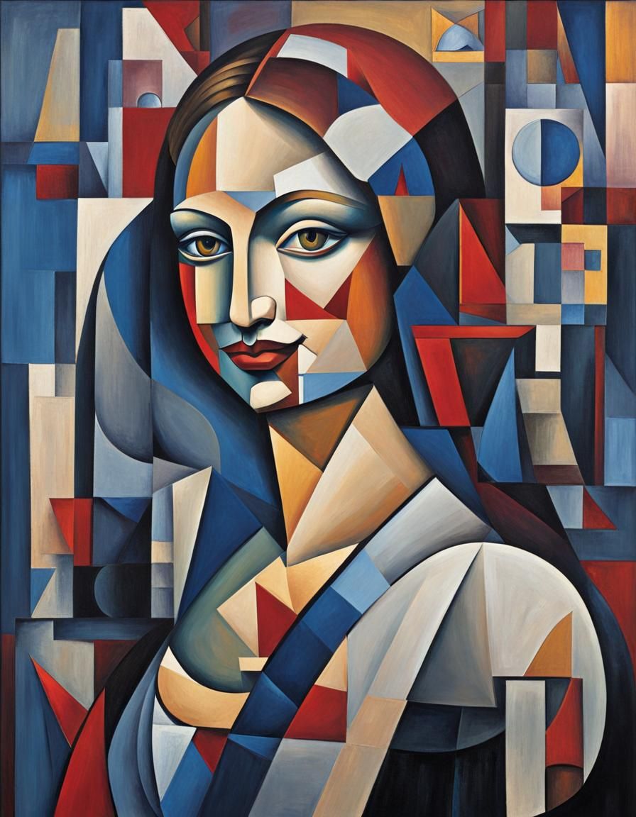 Cubist Mona Lisa Portrait with Geometric Shapes