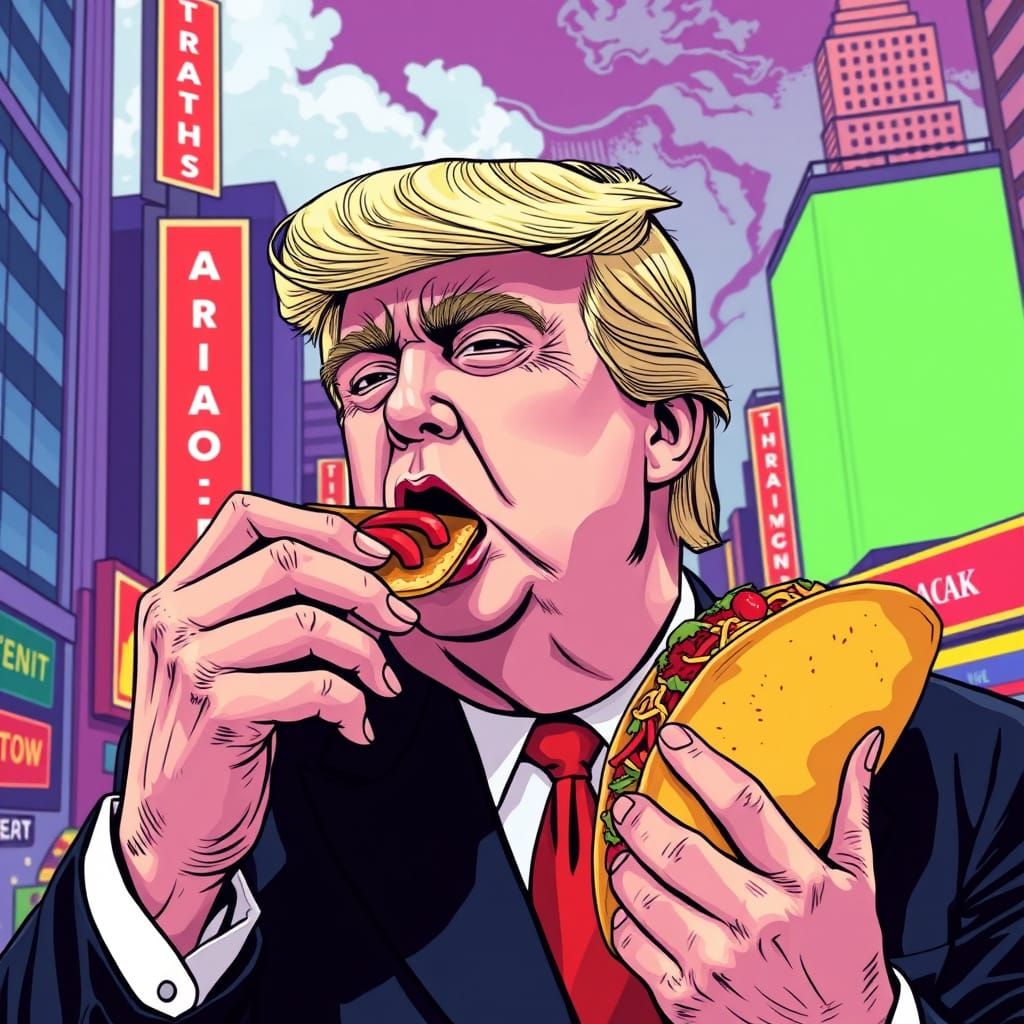 Trump Eats Taco in Vibrant Comic Book City