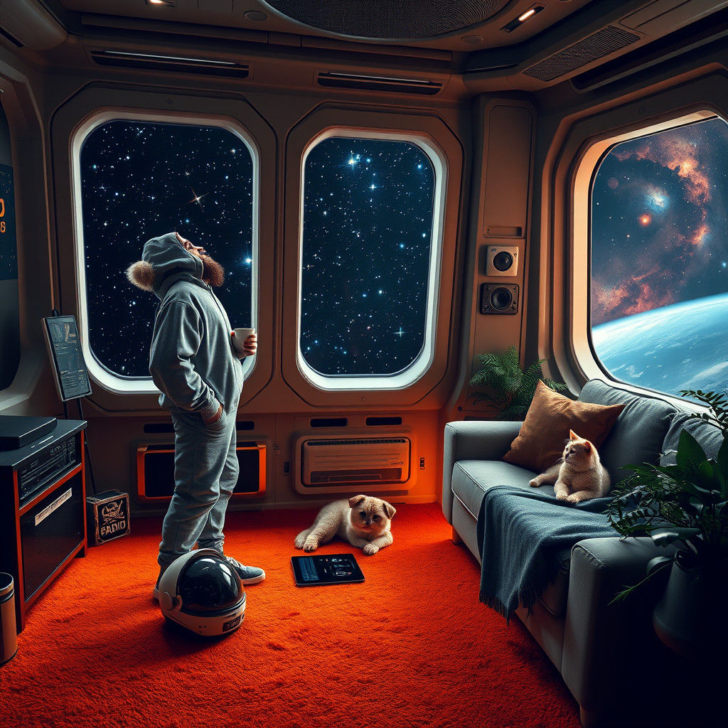 Pilot Gazing at Space From Cozy Spaceship Apartment