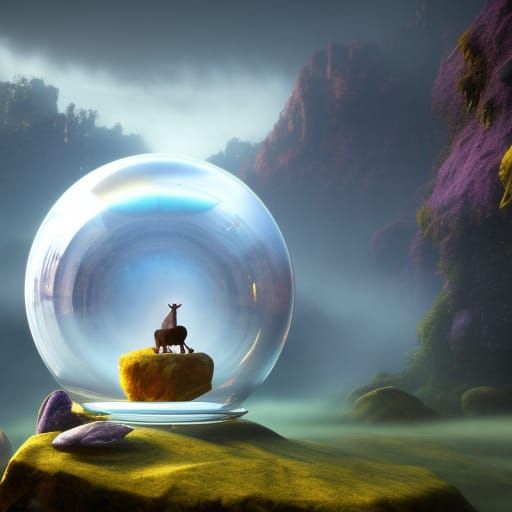 Cow in Mist-Filled Crystal Ball, Detailed Matte Painting