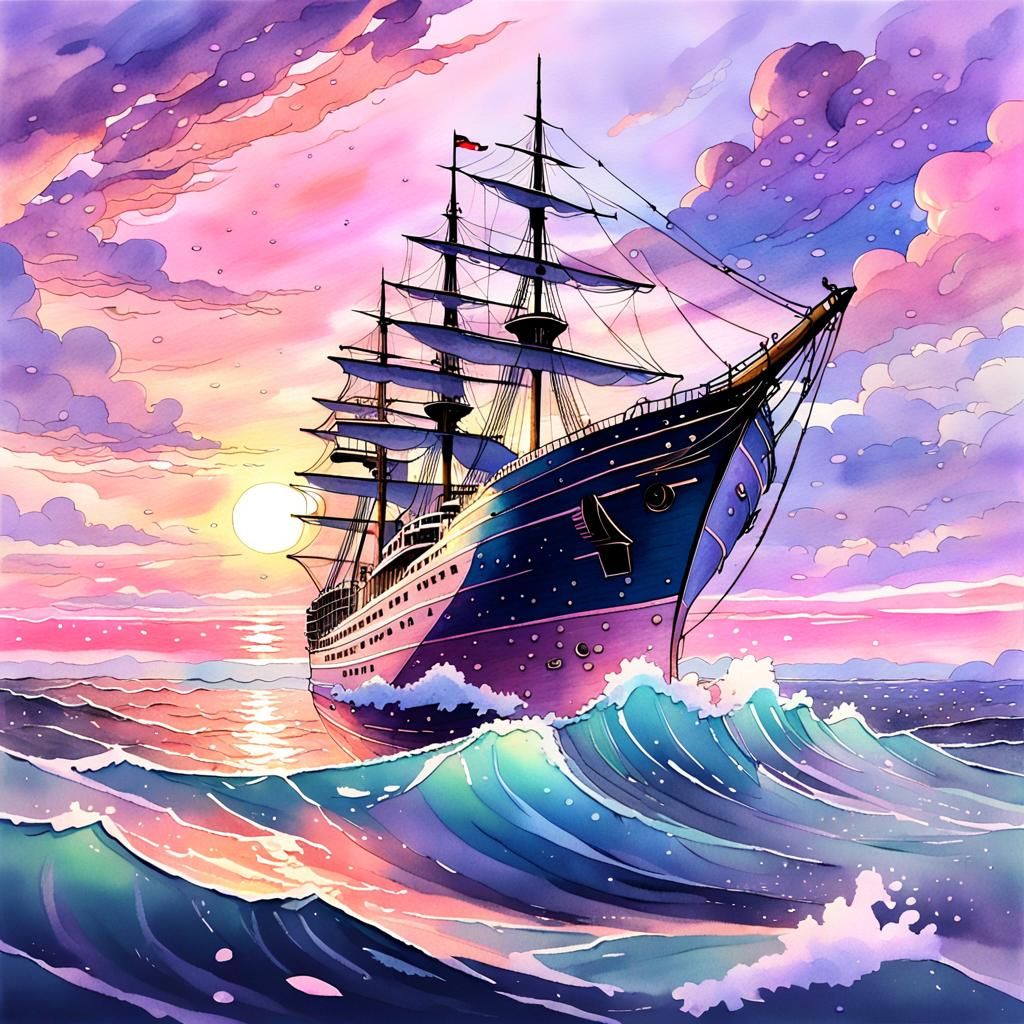Majestic Ship at Sunset in 1990s Anime Style