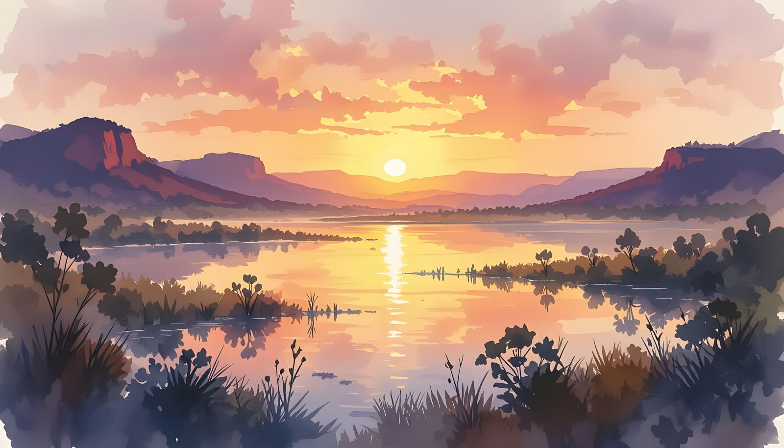 Australian Outback Sunrise Over Mountains in Watercolour Sty...