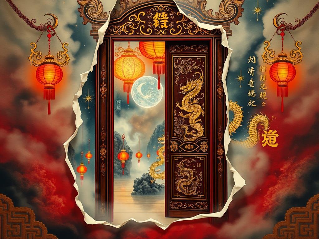 Mystical Chinese Realm Revealed Through Ancient Door