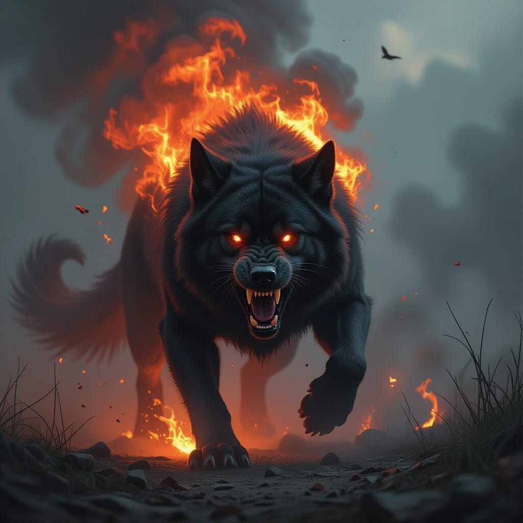 Hellish Demon Dog Ablaze in Gothic Surreal Style