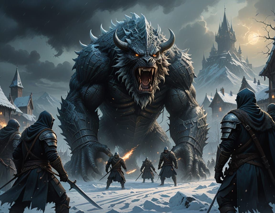 Medieval Warriors Stand Against the Frostborn Beast in Dark ...