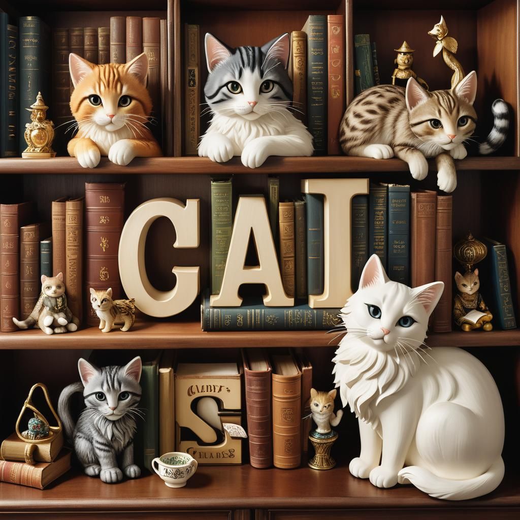 Charming Cats Surround Whimsical Bookcase Illustration
