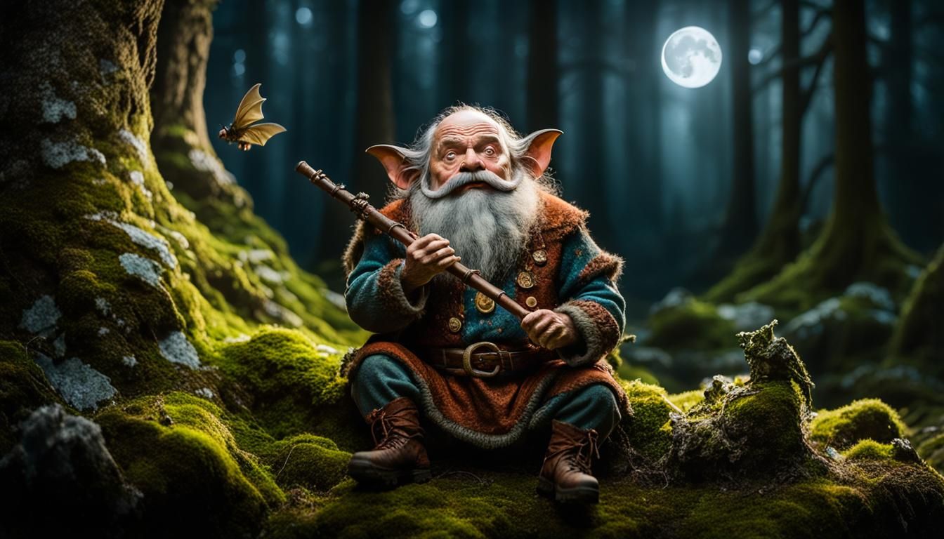 Enchanted Forest Night Scene with Dwarf Flute Player