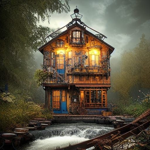 Overgrown Steampunk Woodshop by River: Hyperrealistic Matte ...
