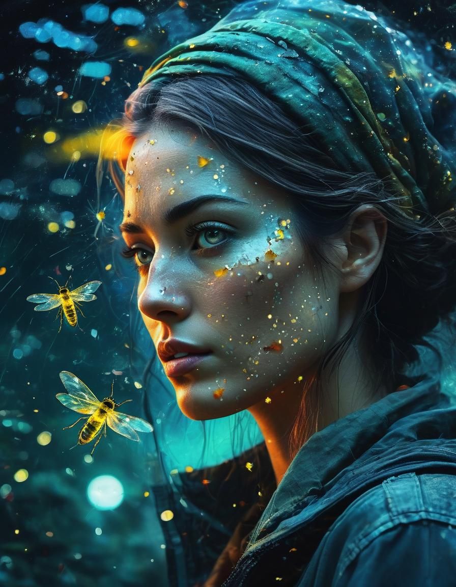 Dreamlike Girl with Fireflies in Double Exposure Collage