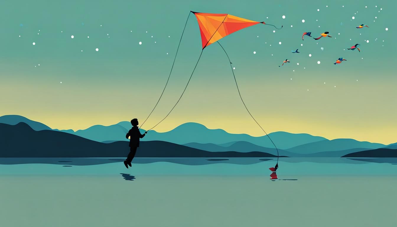 Minimalist Poster of Boy Flying Fish Kite at Night