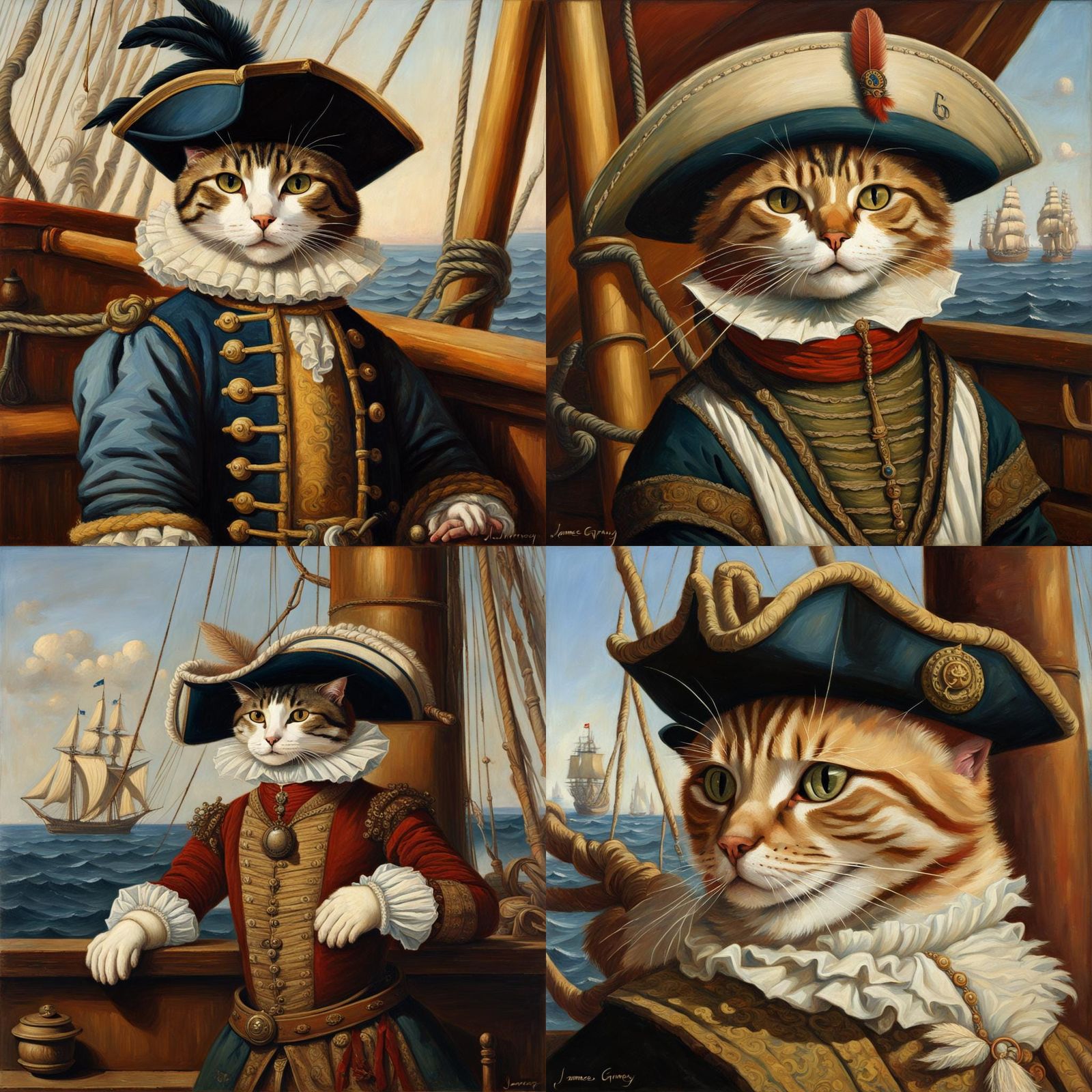 Cat Captain on Sailing Ship, Oil Painting Style
