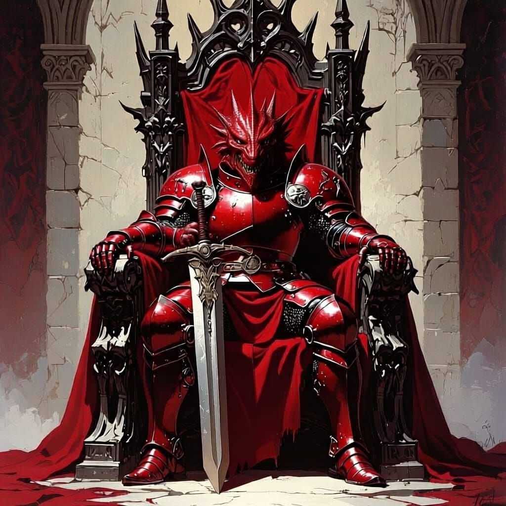 Crimson Knight on Dragon Bone Throne with Sword