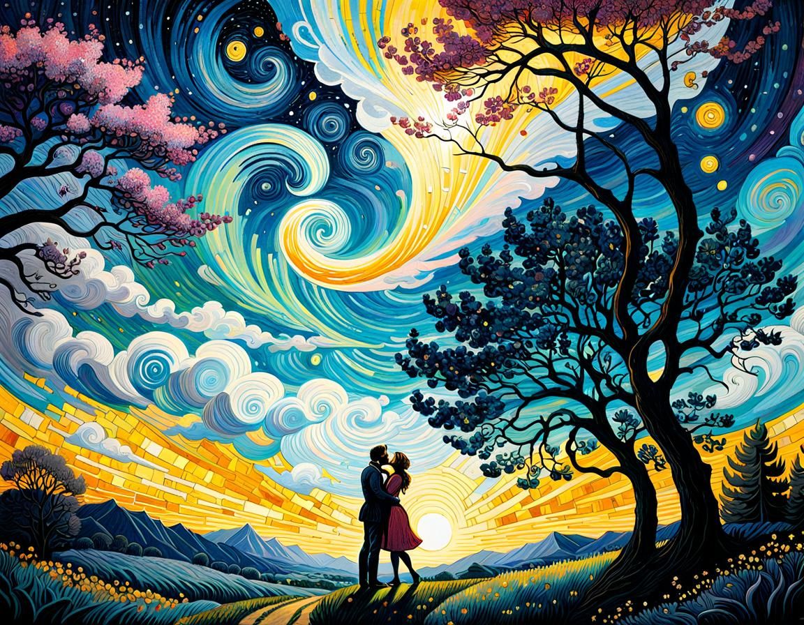 Kissing Couple Under Bioluminescent Sky as Van Gogh Painting