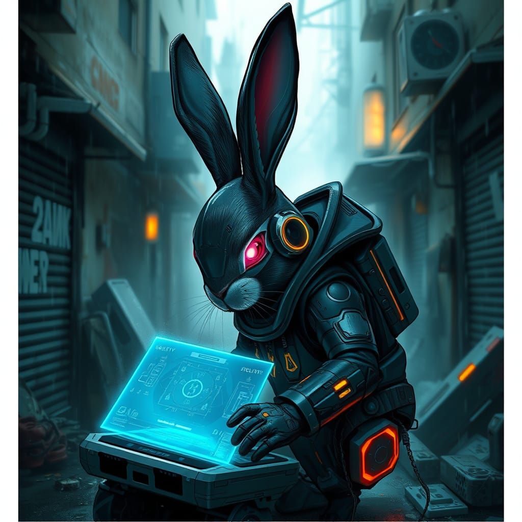 Cyberpunk Rabbit Hacker in Neon Alleyway