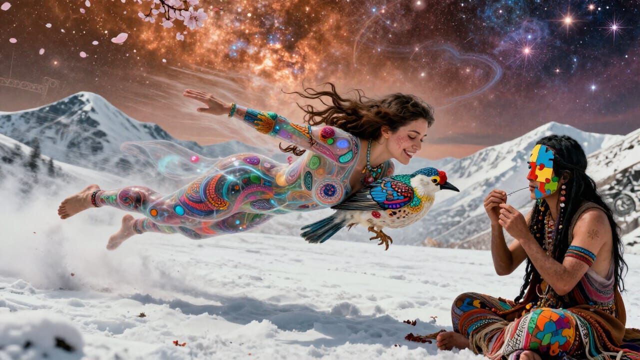 Flying Woman Over Snowy Mountains in Mystical Style