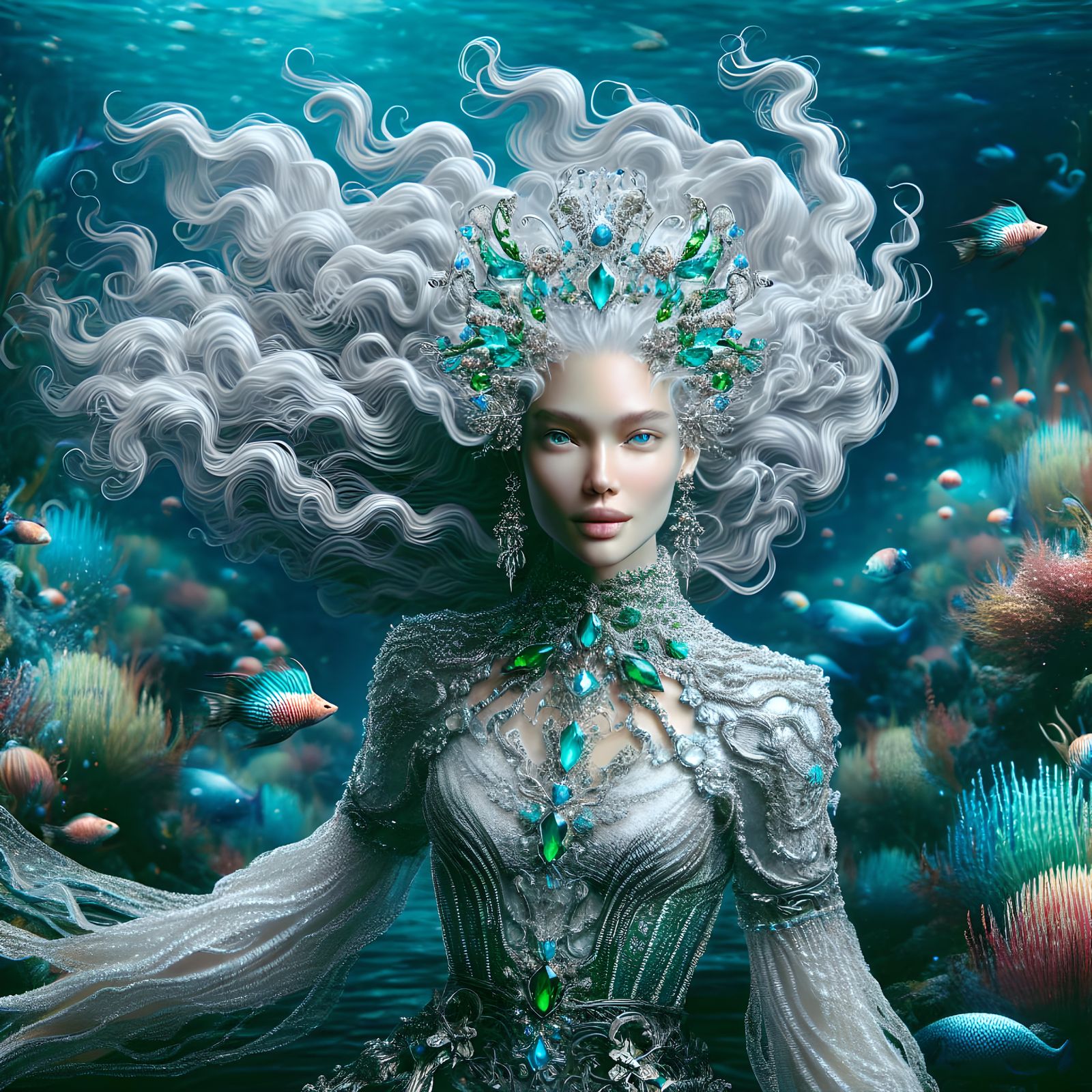 Enchanted Mermaid with Silver Scales and Emerald Diamonds