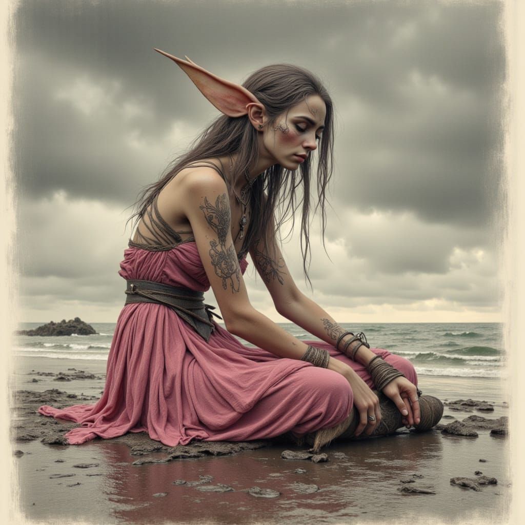 Ethereal Elf Maiden on Rainy Beach in Dark Fantasy Comic Art