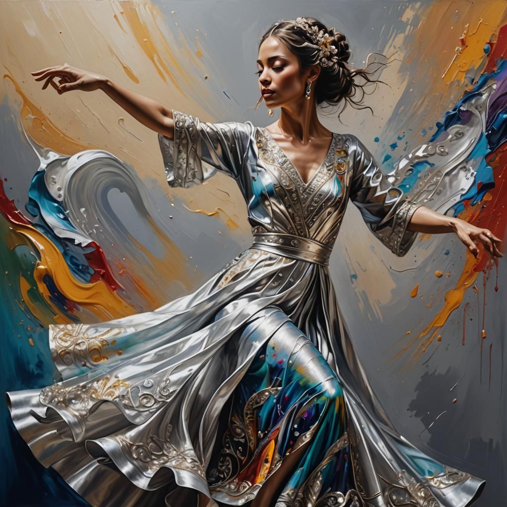 Hyperrealistic Dancer in Flowing Dress Splash Art