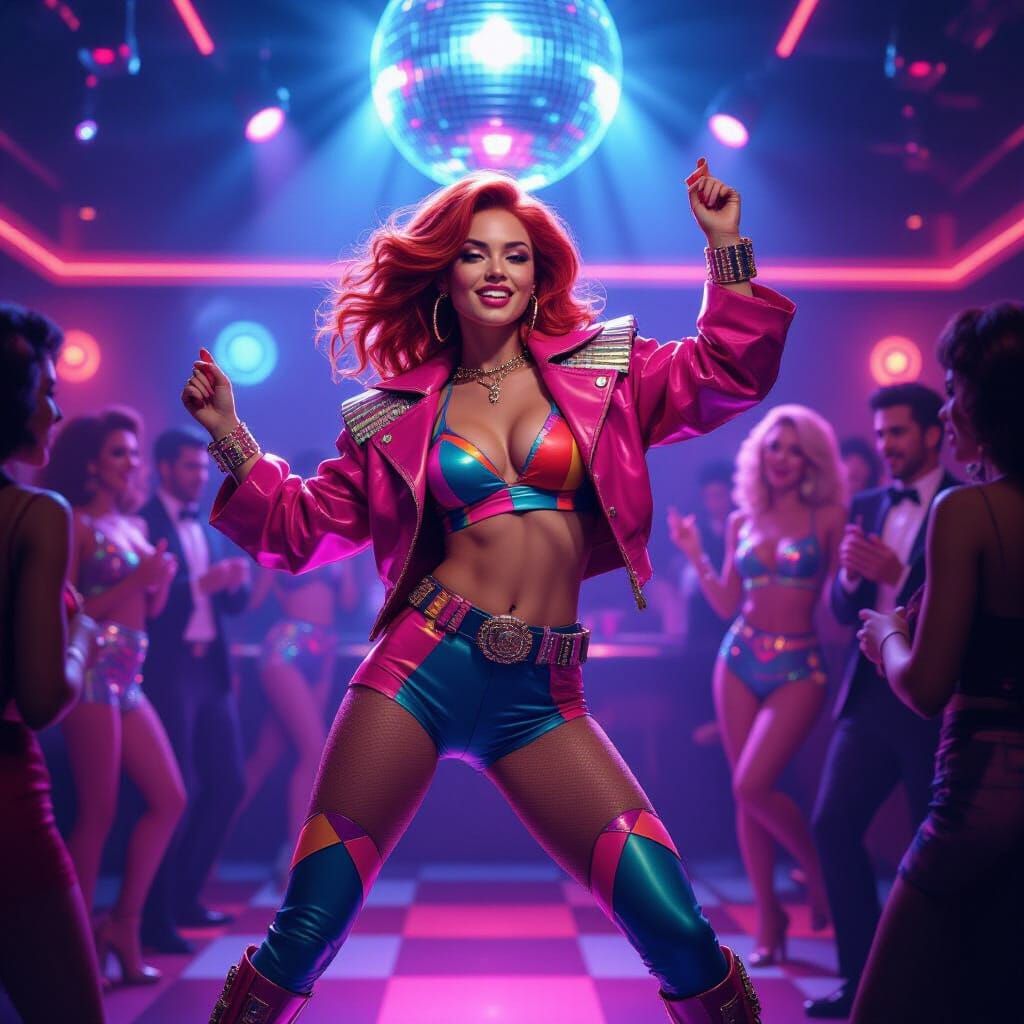 Retro 80s Dancer in Neon Nightclub, Syd Mead Style
