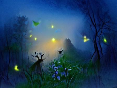 Enchanted Forest at Night with Dancing Fireflies