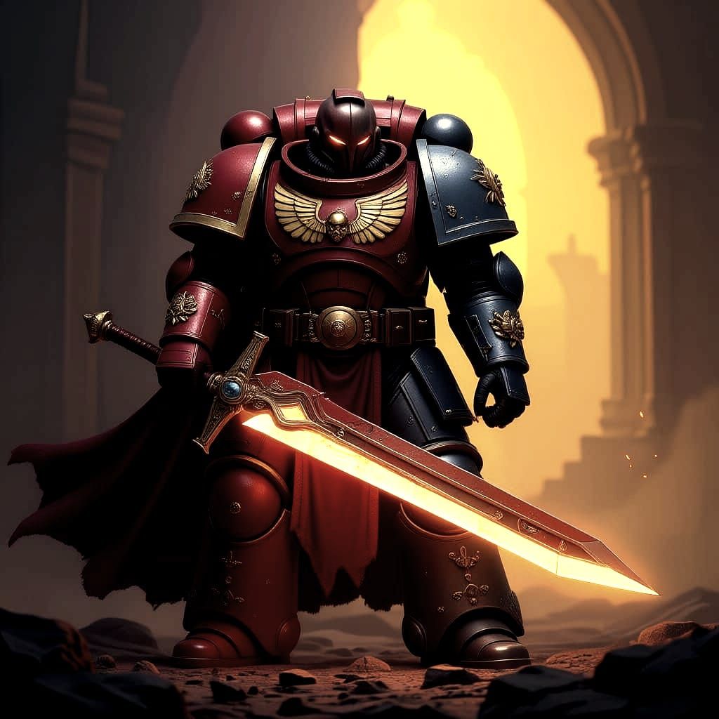 Space Marine in Red and Grey Armor with Sword