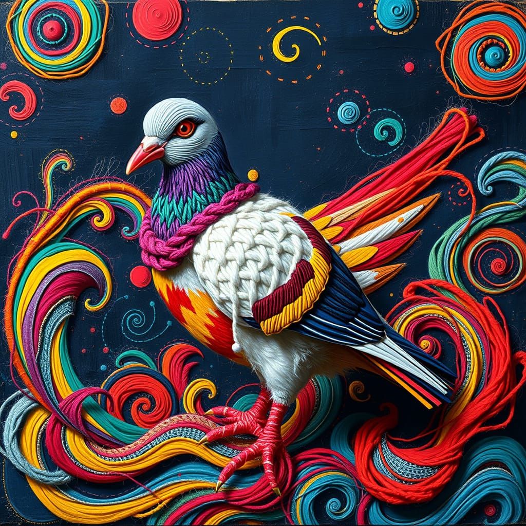 Colorful Yarn Pigeon in Whimsical Pop Surrealism