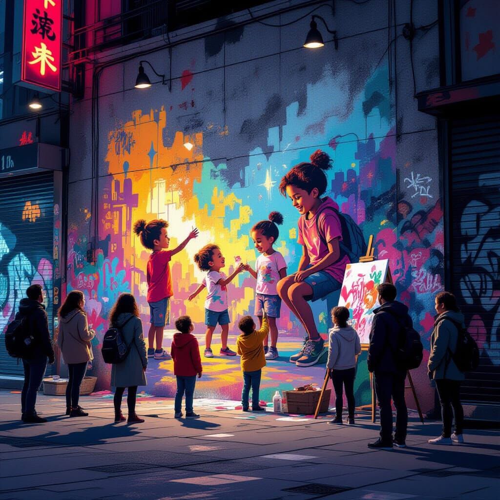 Street Artist Paints Hopeful Mural in Futuristic City