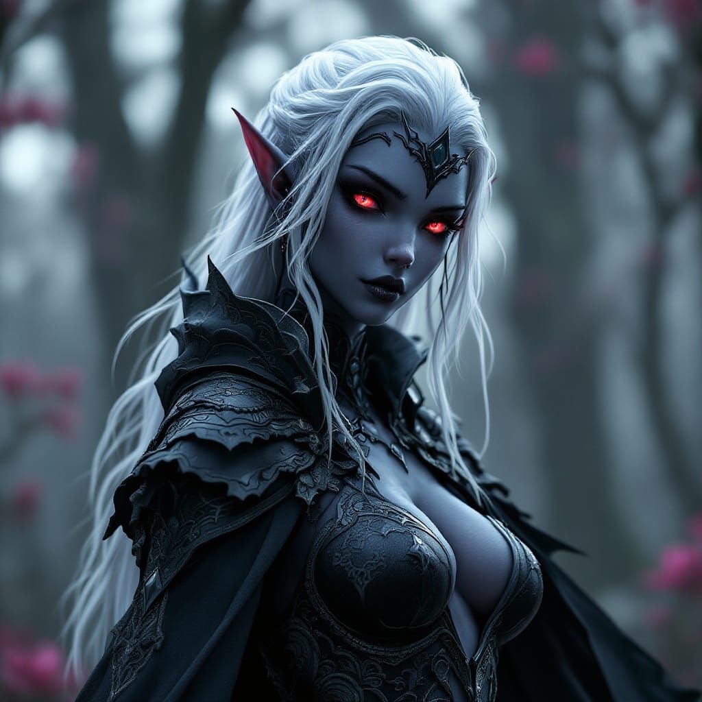 Mystical Drow Elf Warrior in Intricate Dark Armor