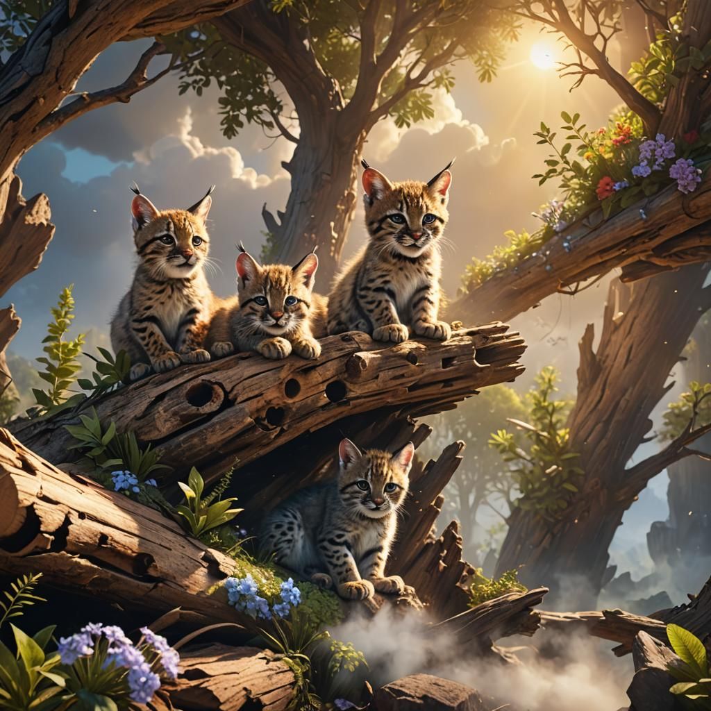 Bobcat Cubs in Divine Sunshine: Matte Painting