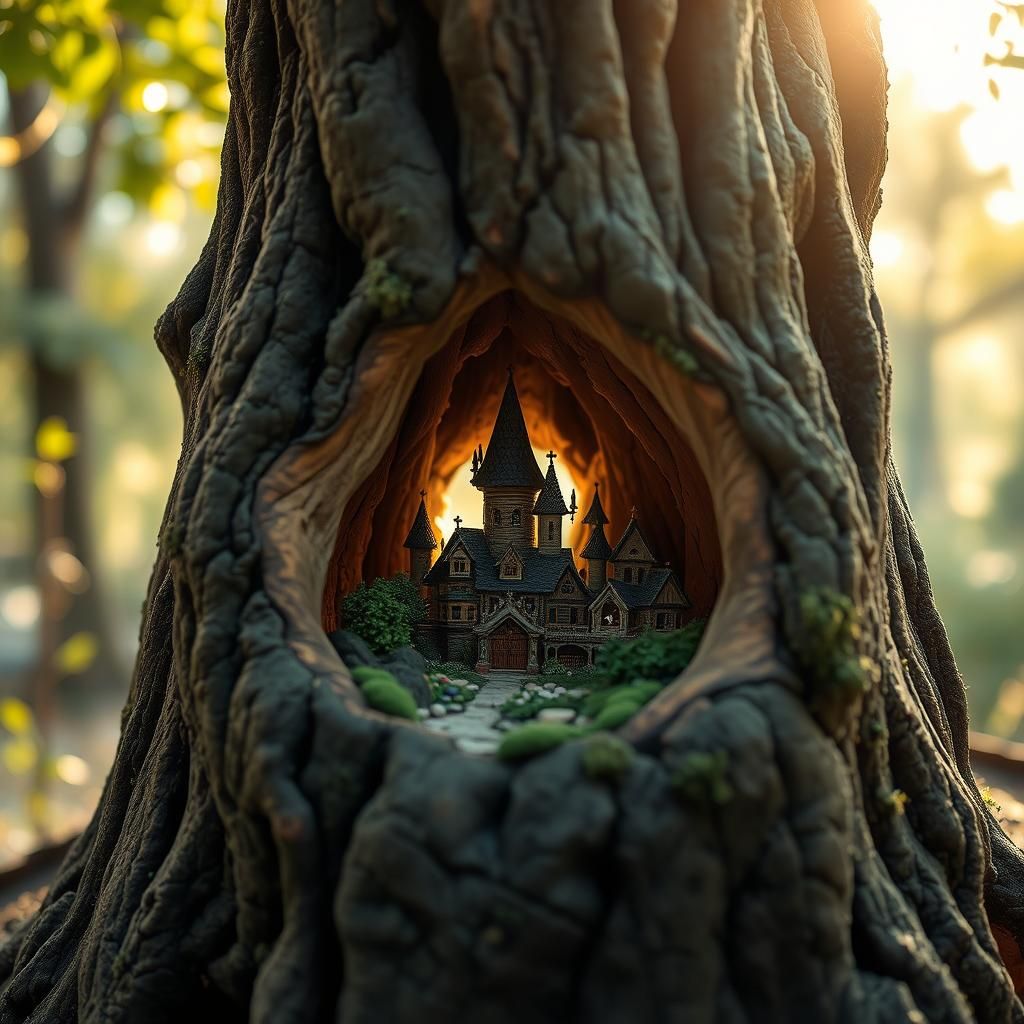 Miniature Fantasy City in Tree Stump with Bokeh