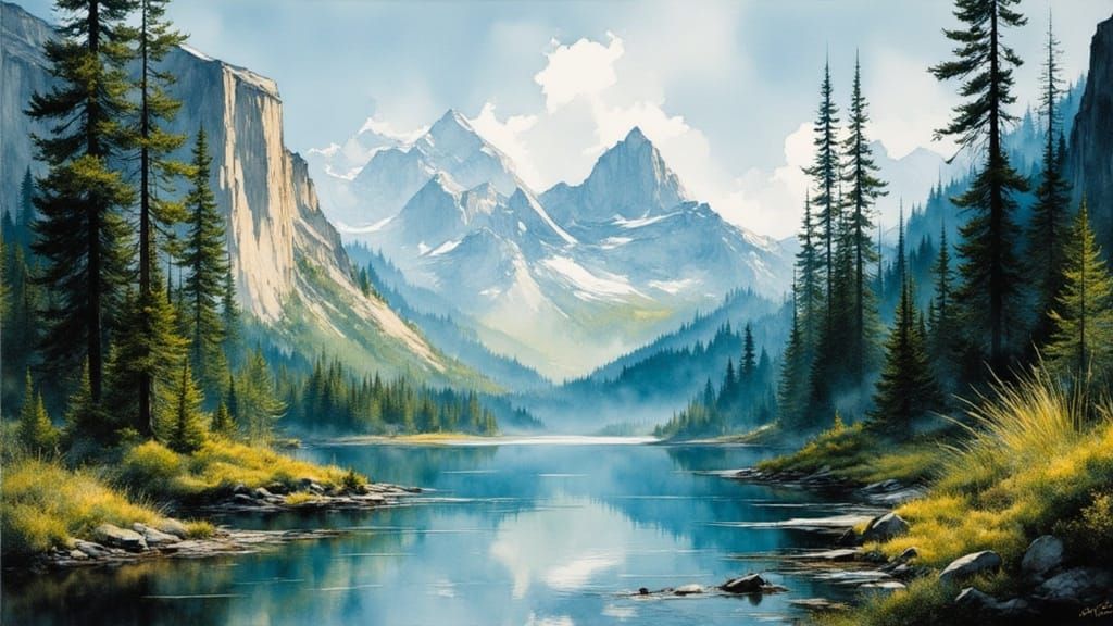 <lora:Paysage:1.0> Tranquil river flowing through lush valle...