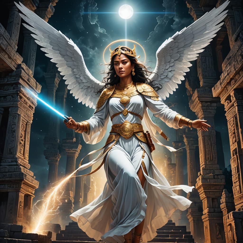 Angel with Laser Over Mayan Temple at Night