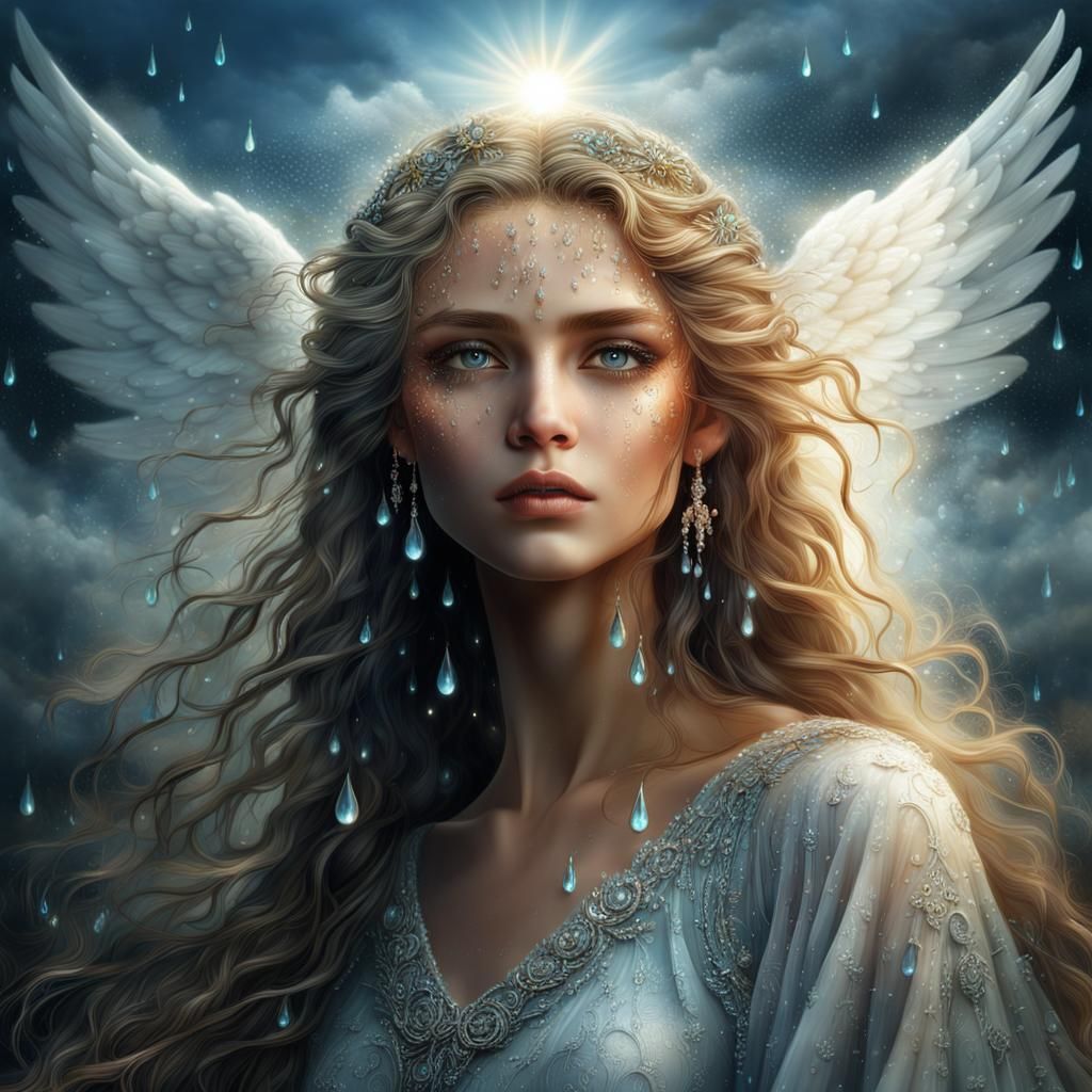 Ethereal Angel with Dewdrops in Digital Painting