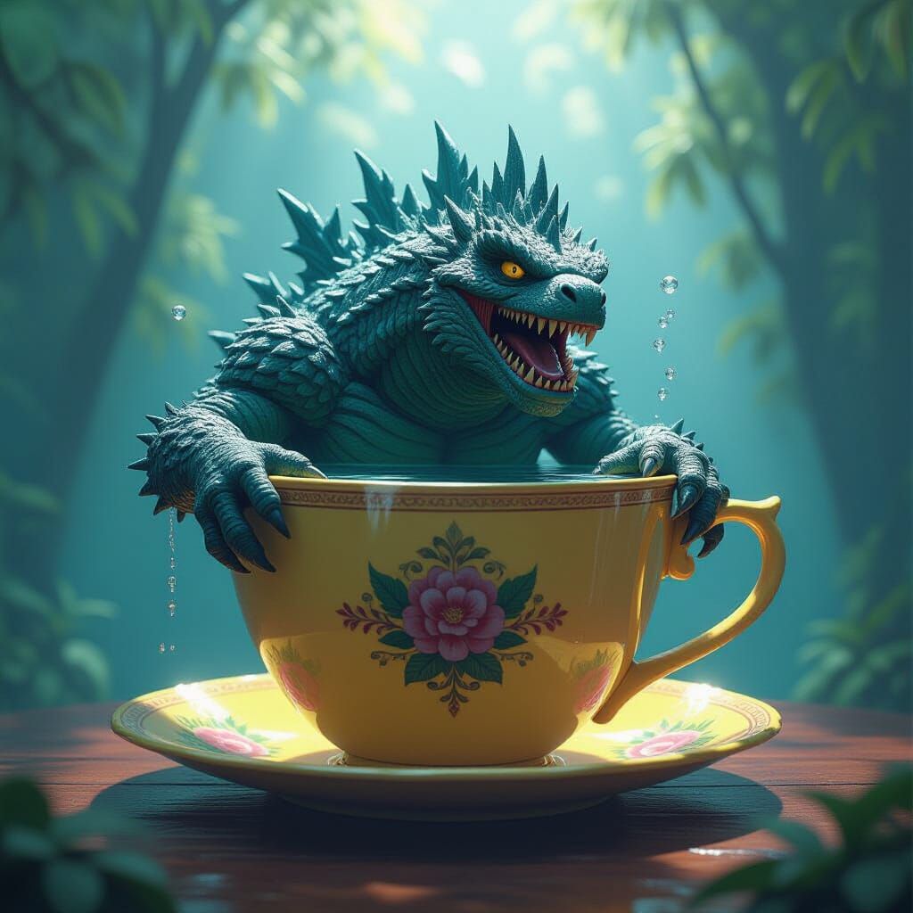 Giant Monster in Teacup, Storybook Fantasy Art