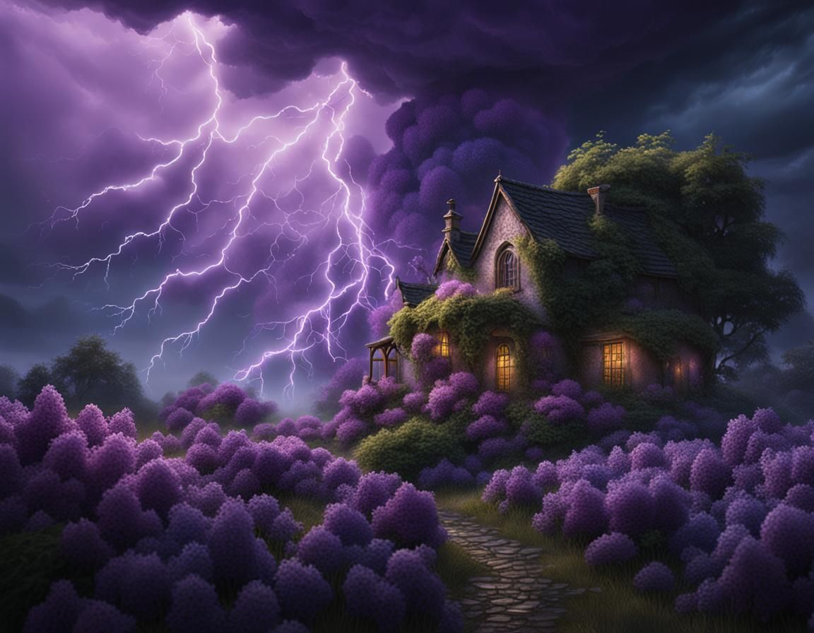 Lilac Bushes in Thunderstorm: Detailed Matte Painting