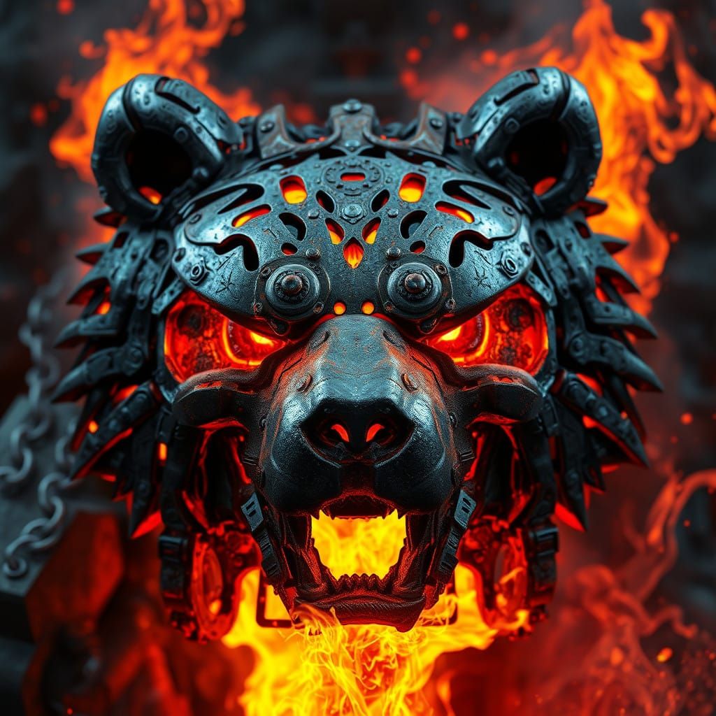 Industrial Metal Bear Breathing Fire in Fantasy Style