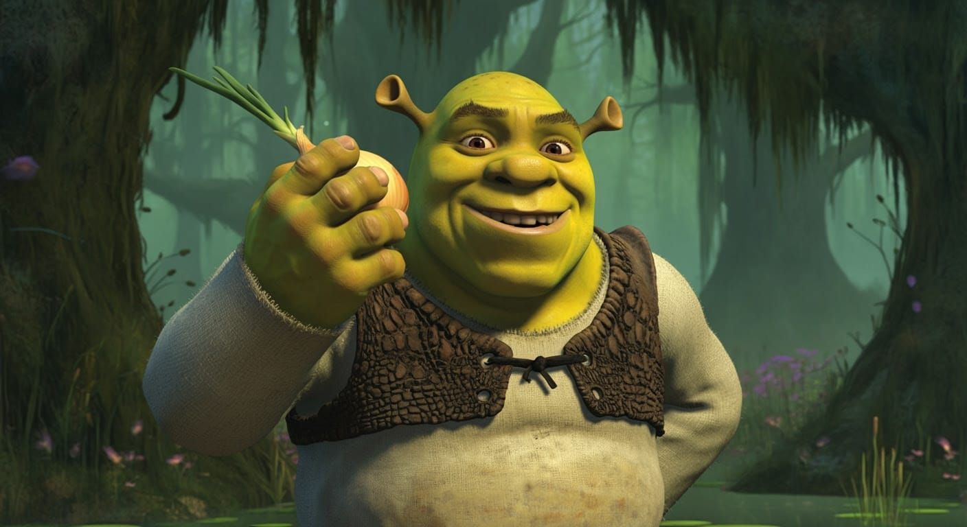Shrek Happily Eating an Onion in Swamp