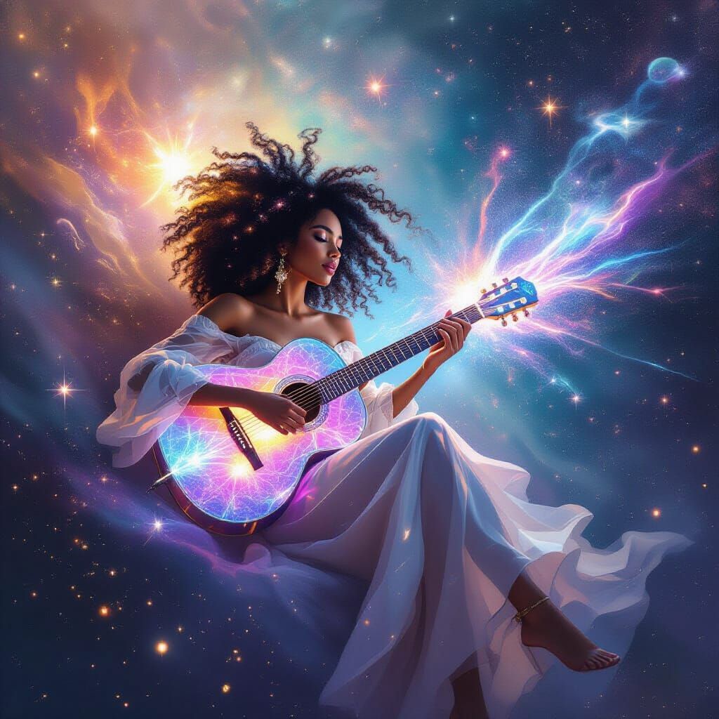 Afro-Latina Musician Plays Light Beams in Cosmic Void