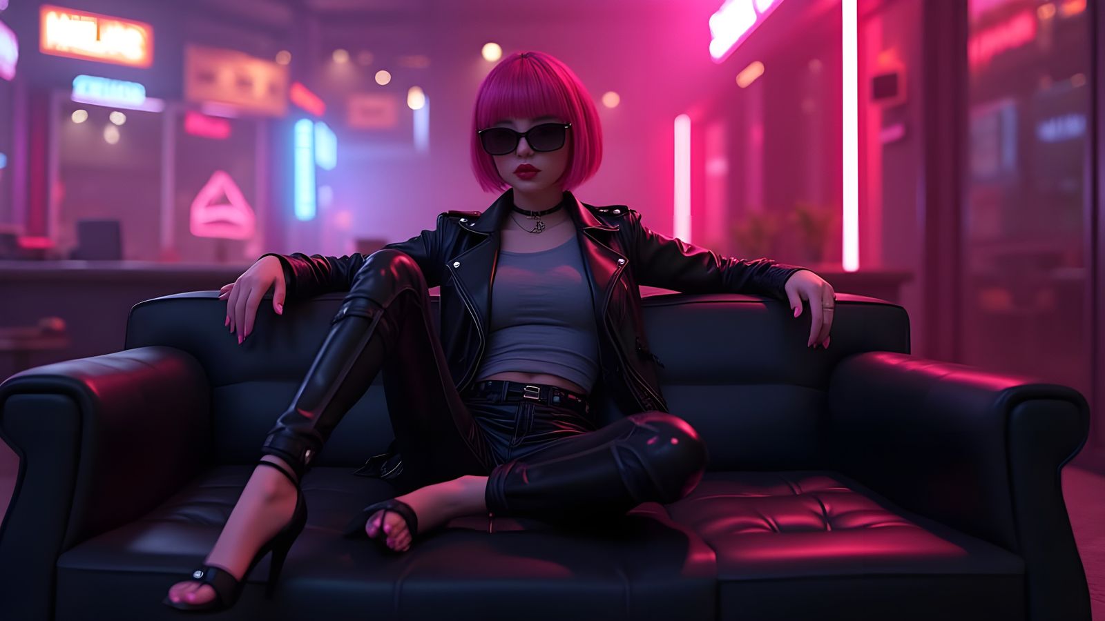 Confident Woman in Neon Nightclub: 3D Anime Art