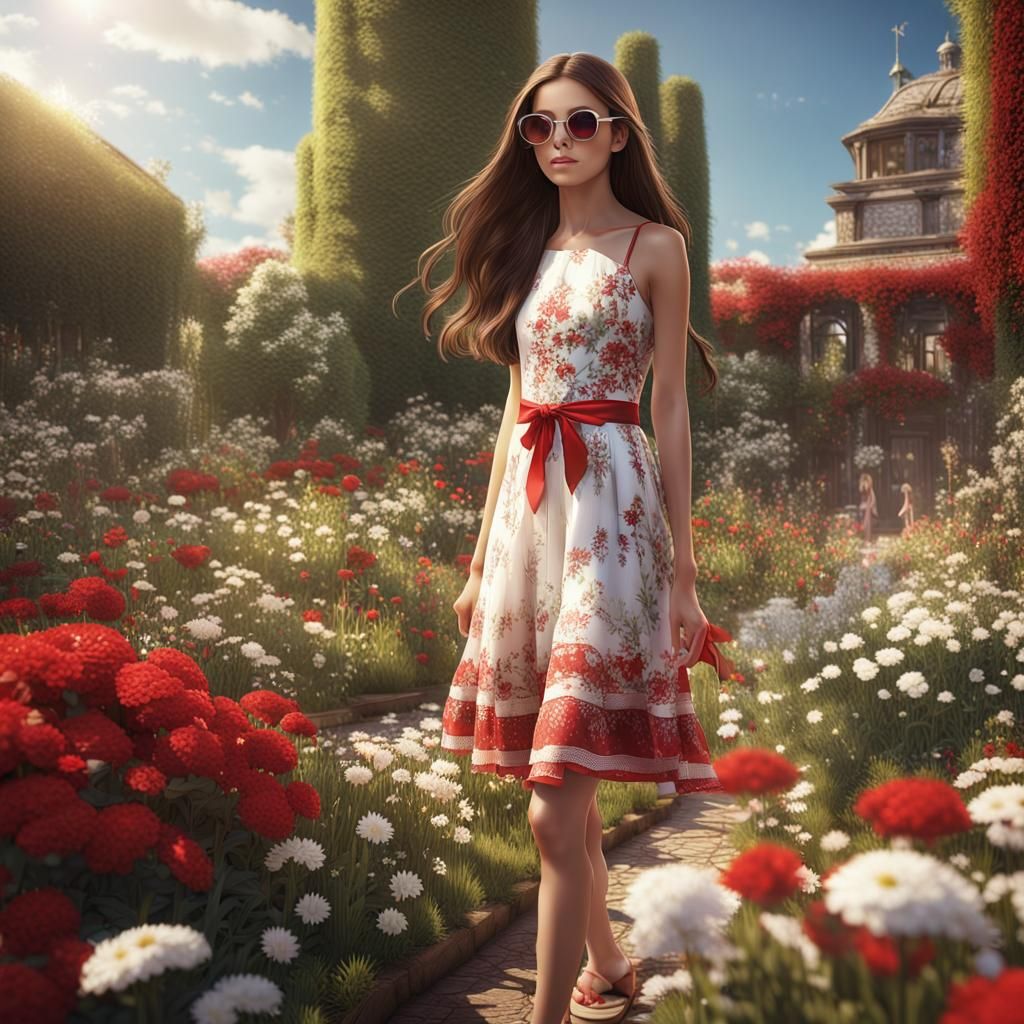 Young Woman Picking Flowers in Summer Garden