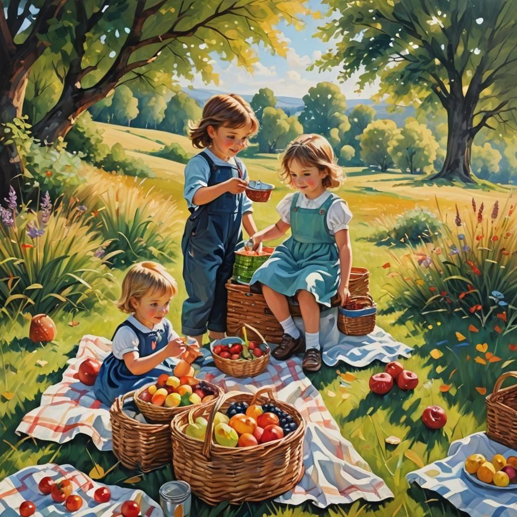 Children's Picnic: Joyful Oil Painting in Nature