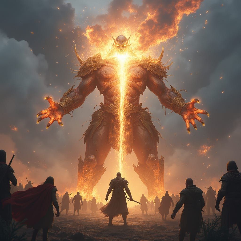 Warrior Unleashes Energy Strike on Giant Foe Amidst Crowd