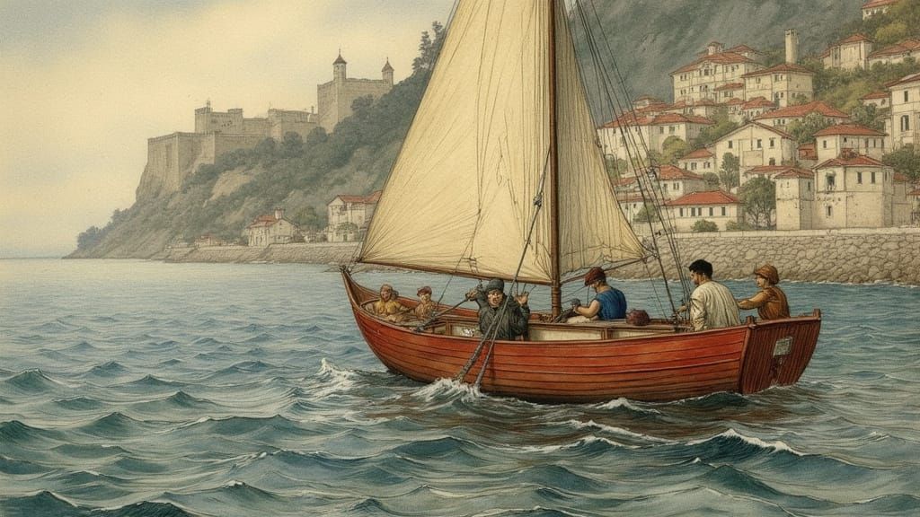 Greek Fishing Boat in Art Nouveau Style