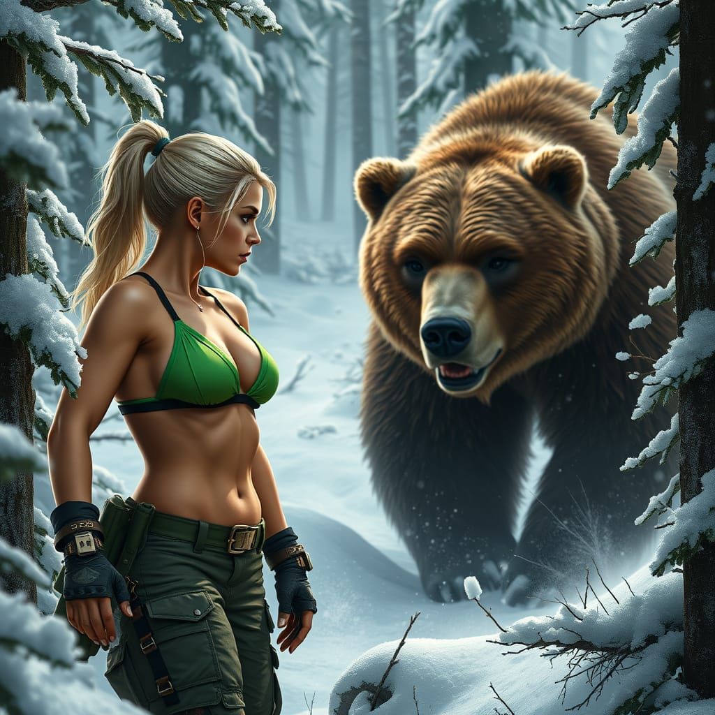 Cassie Cage getting ready to fight a bear in a Russian forest