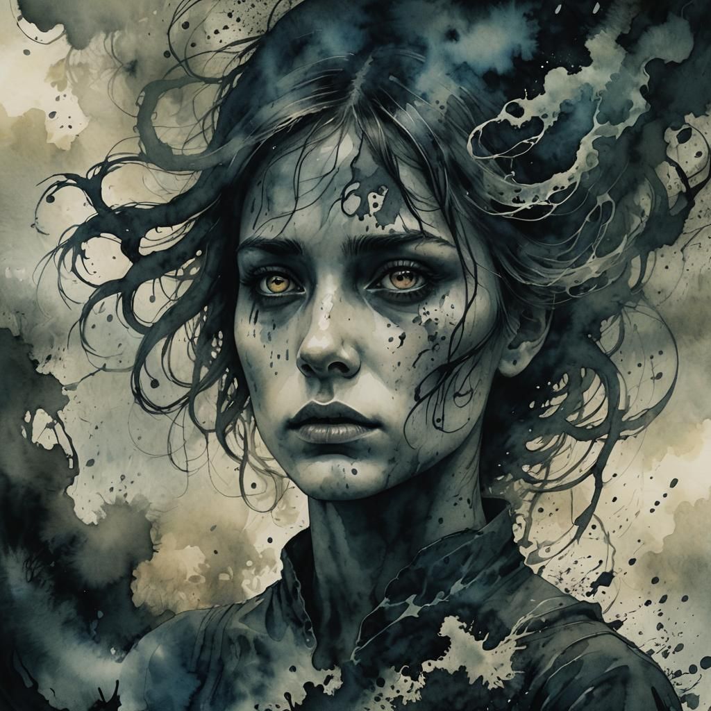 Eerie Dark Fantasy Portrait in Watercolor Style