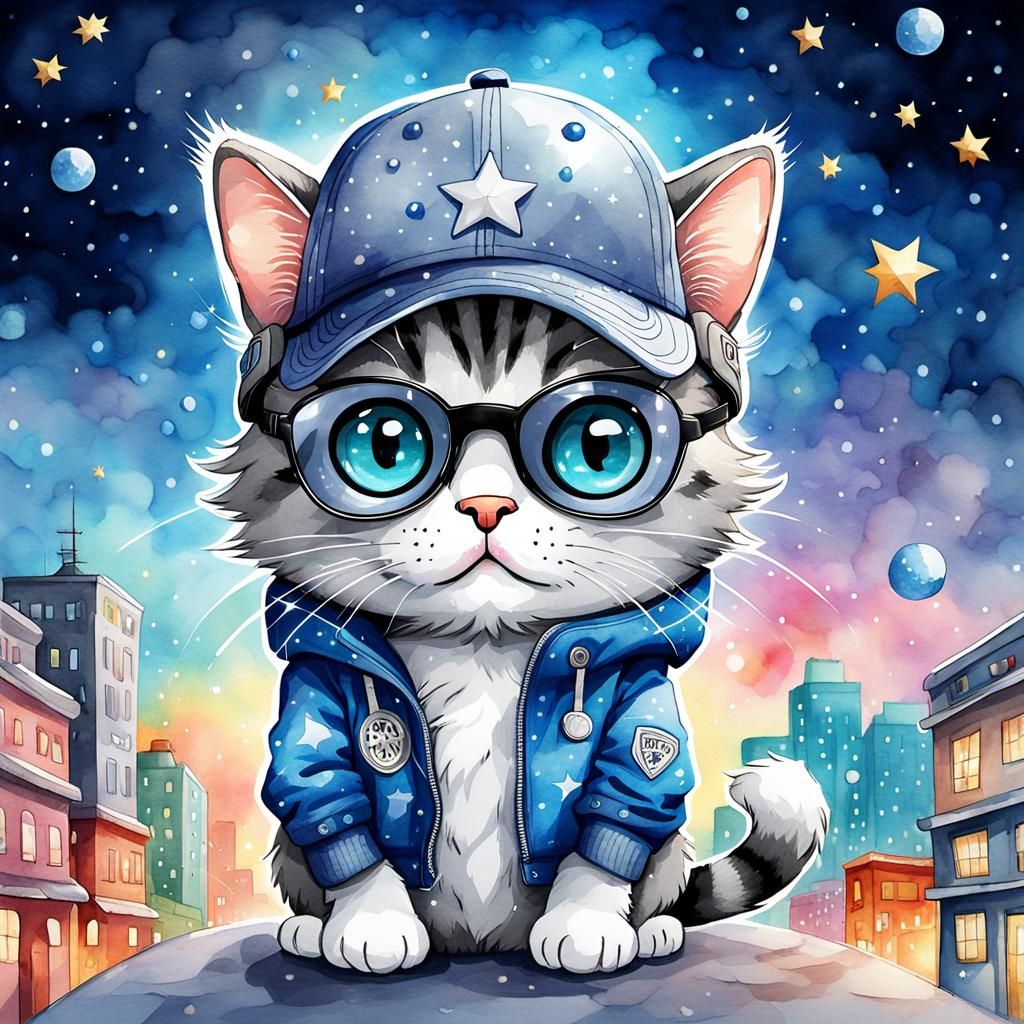 Cute Cartoon Cat in City Street Scene