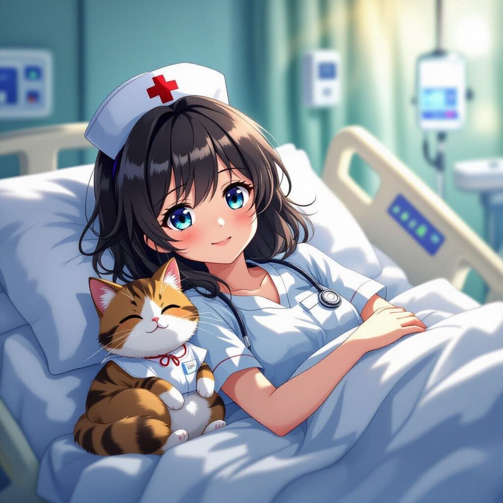 Anime Nurse Cat With Woman in Hospital Bed