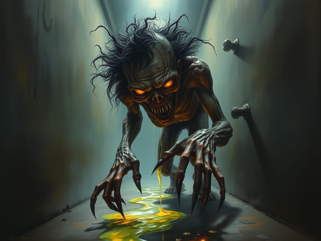 Grotesque Figure Crawls Through Dark, Smoky Corridor